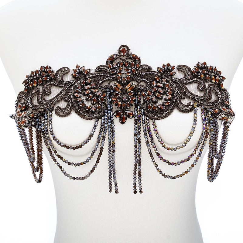 amusediy Brown Beaded Rhinestones Applique Embellishment for Clothes,Epaulettes Shoulder Patches Sew-on Diamond Sequin Applique for Wedding Dress DIY Accessories Belt Waist Decoration - Image 1